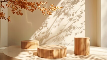 a mockup of two podiums made from natural wood, one cylindrical and the other square, with shadows c