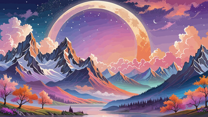 Wall Mural - a painting of a mountain landscape with a full moon