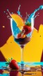 Fruit cocktail in glass with splashes and strawberries,slice red orange on yellow and vinous background.