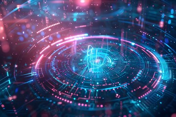 Wall Mural - A colorful, abstract image with a blue circle in the center. The circle is surrounded by a red and blue swirl. The image has a futuristic, technological vibe