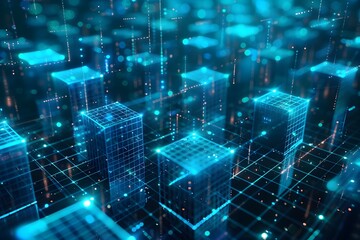 Wall Mural - A computer generated image of a cityscape with many blue cubes. The image has a futuristic and technological feel to it