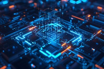 Wall Mural - A computer chip with blue and orange lights