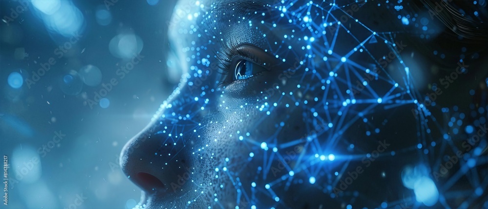 A digital representation of a human face overlaid with blue neural ...