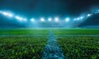 Spectacular sport stadium with glowing floodlights and empty green grass field. Professional sports background for advertisement