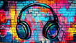 © Furkan - Pop art comic street graffiti with a headphones on a brick wall. Fantastic background.