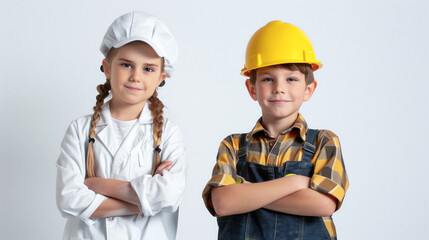 Wall Mural - Two boy and girl kid as a professional, girl in doctor pose