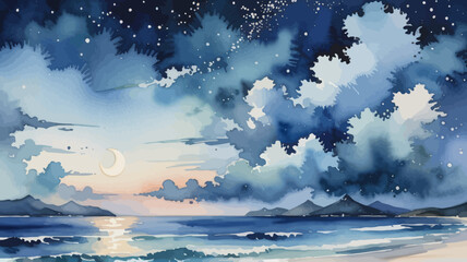 a painting of a night sky over the ocean