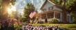 © watanu - An American flag waving proudly in front of a traditional suburban house decorated for the 4th of July