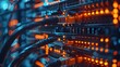 © horizon - An closeup of network cables and equipment in an IT server room, highlighting the data transfer process between devices.