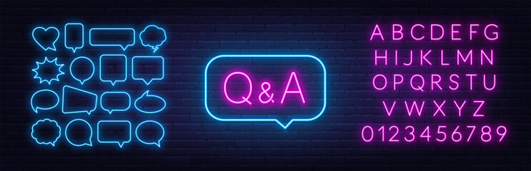 Wall Mural - Q and A Neon Sign in speech bubble on brick wall background..