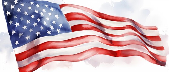 Artistic watercolor illustration of the American flag waving in the wind