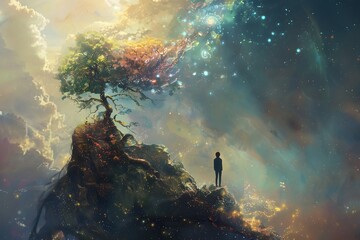 Wall Mural - A young man stands on a hillside looking out at a tree. The sky is filled with stars and the tree is surrounded by a colorful, glowing aura