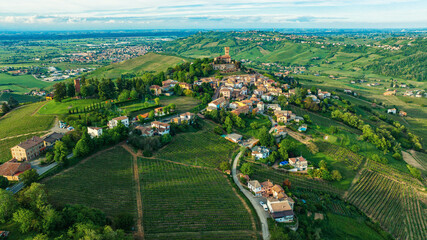 Ancient castle in the town of Cigognola, a view of town from a height. Drone photo