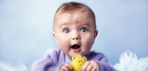 Wall Mural - A charming little boy with blue eyes in a lilac overalls sits and plays with a toy on a blue background with copy space. The baby is holding a yellow knitted bear in his hands. Happy childhood