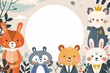 A white circle in the center of an illustration surrounded by cartoon animals wearing business attire.