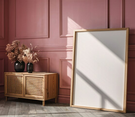 Mockup frame stands upright against a vintage pink wall in a modern living room, 3d render     