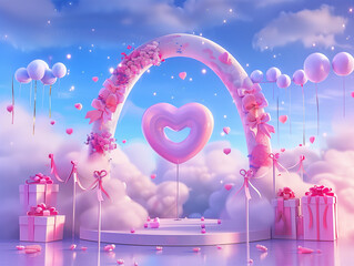 Wall Mural - C4D rendering, Valentine's Day atmosphere background podium with a pink heart-shaped arch and gift boxes on the right side of the stage, decorated with ribbons, trees, streamers, ribbons flying around