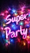 © Eugenia - A vibrant neon sign with the words super party in glowing lights against a dark background, radiating a lively and festive atmosphere.