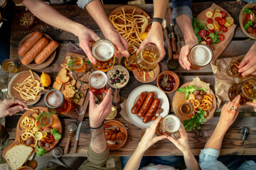 Sticker - A festive German Oktoberfest gathering, with friends clinking beer steins and enjoying bratwurst and pretzels amidst lively music. Concept of cultural festivity and merriment. Generative Ai.