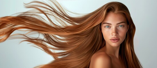 Wall Mural - A beautiful caucasian woman showcasing long, smooth, and shiny caramel hair, advertising for hair dye products, hair care, white solid color background, copy space.