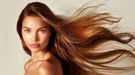 Wall Mural - A beautiful caucasian woman showcasing long, smooth, and shiny caramel hair, advertising for hair dye products, hair care, white solid color background, copy space.