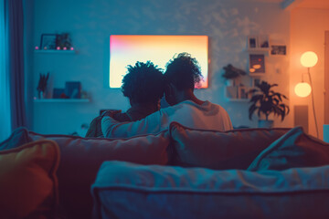 Sticker - A delighted non-binary couple sharing a cozy evening at home, cuddling on the couch and watching their favorite TV show together. Concept of non-binary love and intimacy. Generative Ai.