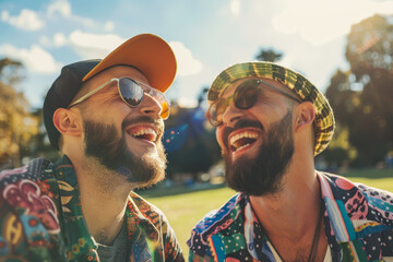 Sticker - A pair of joyful gay men sharing a playful moment together, laughing and enjoying each other's company in a park on a sunny day. Concept of LGBTQ+ companionship and happiness. Generative Ai.