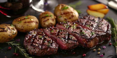 Wall Mural - Ribeye steak with truffle butter herbs baked potatoes and red wine. Concept Steak Dinner, Truffle Butter, Baked Potatoes, Red Wine
