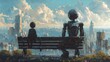 © Keyframe's - A young boy and his robot friend sit on a bench and gaze out at the cityscape