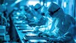 © Pungu x - Cleanroom. Workers Assembly Side View Workers in PPE suits meticulously assembling sensitive electronic components