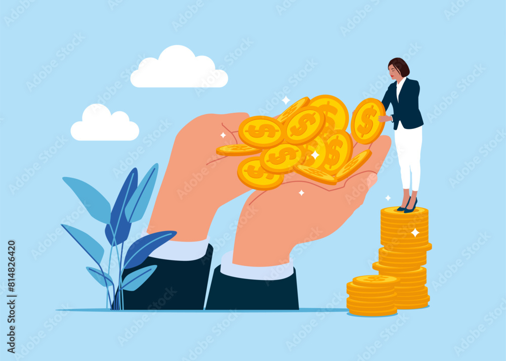 Businesswoman Collect Golden Coins into Huge hands. Woman Make Savings ...