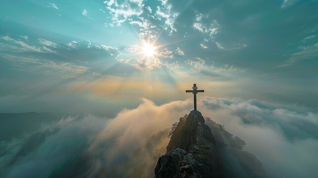 A Christian cross on the peak of a fog-covered mountain, with the sun breaking through the clouds above, creating a dramatic contrast between the bright sky and the muted surroundings.