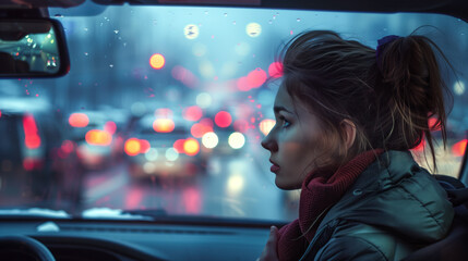 Poster - A woman confidently commuting in her car amidst the chaos of rush hour traffic