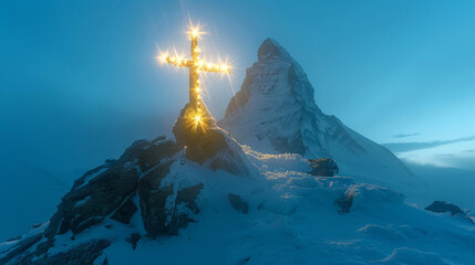 A Christian cross on a snowy mountain peak, illuminated by the first rays of sunrise which create a halo of light around it, set against a crisp blue winter sky.