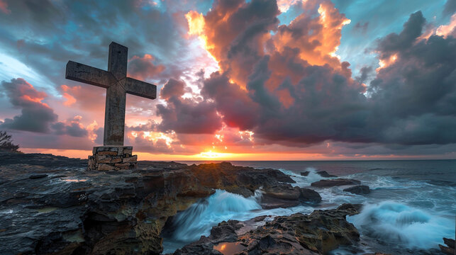 A Christian cross perched on a rocky coastline, brightly lit by the last rays of a setting sun with dramatic clouds overhead and the ocean waves crashing below.