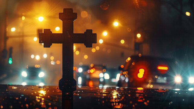 A Christian cross at a busy intersection at night, with car headlights and traffic lights blending into a lively golden bokeh background, juxtaposing spiritual calm with urban hustle.