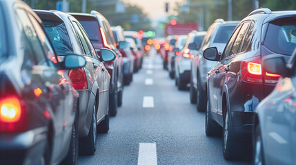 Wall Mural - A woman confidently driving her car through bustling city streets during rush hour traffic, focused and composed behind the wheel