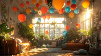 Poster - Imagine a heartwarming gathering as the family celebrates a special occasion, with decorations and balloons adorning the modern basement room.