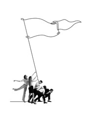 Wall Mural - Group of employees putting flag. Claiming victory together. Collective success and unity. Contemporary art collage. Teamwork. Concept of business, entrepreneurship. Line art design.