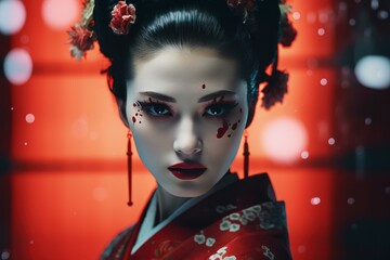 Wall Mural - Captivating portrait of a geisha with elaborate makeup and floral hair accessories against a red backdrop