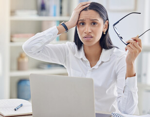 Aufkleber - Laptop, mistake and portrait of business woman in office for reaction to accident, fail or oops. Computer, crisis and face of confused employee in workplace for anxiety, compliance or glitch