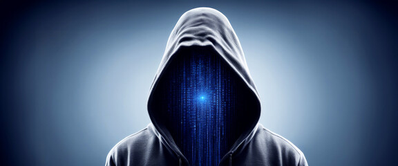 Dark figure in a hoodie with a binary code face representing an anonymous hacker or programmer background