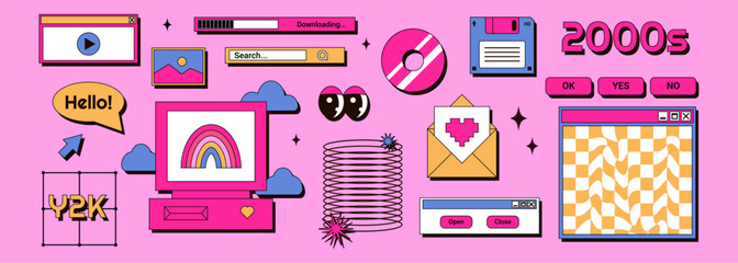 2000s retro element vector set. Groovy computer, disk, window, rainbow and more. Vector illustration in 90s, 00s, y2k style