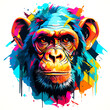 Portrait of a young chimpanzee's face, bright colors, white background.