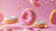 decorated doughnuts in motion falling on pink background.