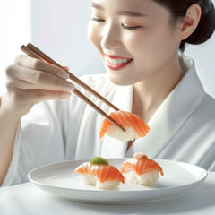 Poster - Japanese lady joyfully enjoying a plate of fresh sushi