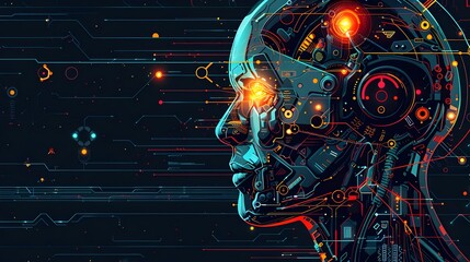 Poster - Futuristic Advanced Cyborg Head with Glowing Digital Elements and Cosmic Astronomical Backdrop