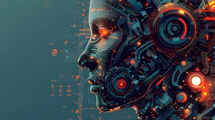 Aufkleber - Futuristic Cyborg Face with Intricate Mechanical and Digital Components