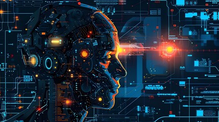 Leinwandbilder - Futuristic Cyborg Face with Holographic Interface and Digital Data Visualization