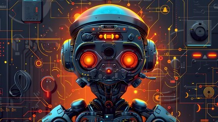 Leinwandbilder - Futuristic Cyborg Robot with Glowing Digital Circuits and Interface Panel in Neon Landscape